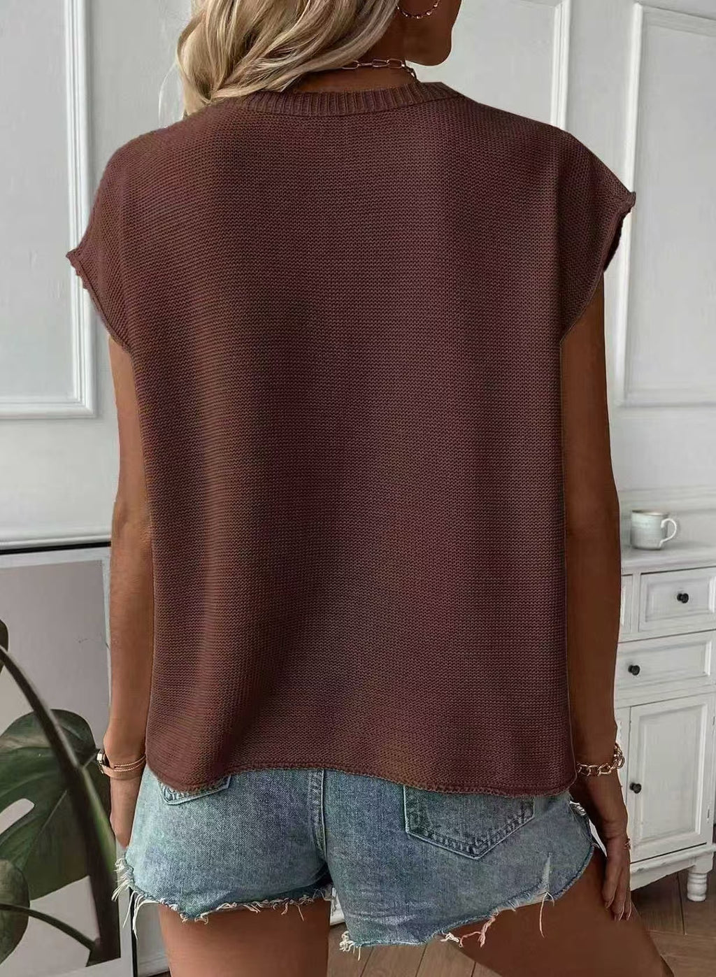 Boxy Ribbed Knit Sweater With Cap Sleeves - Coffee - 1