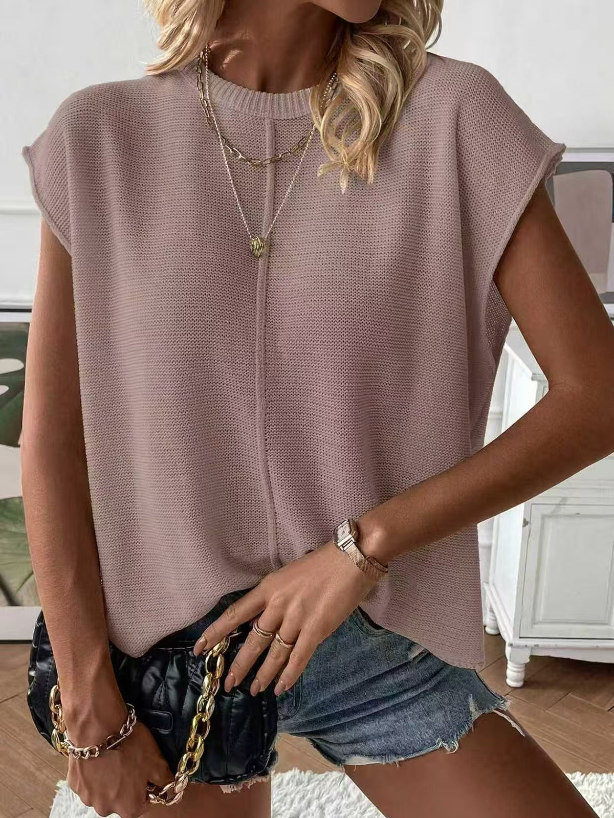 Boxy Ribbed Knit Sweater With Cap Sleeves - GreyPurple