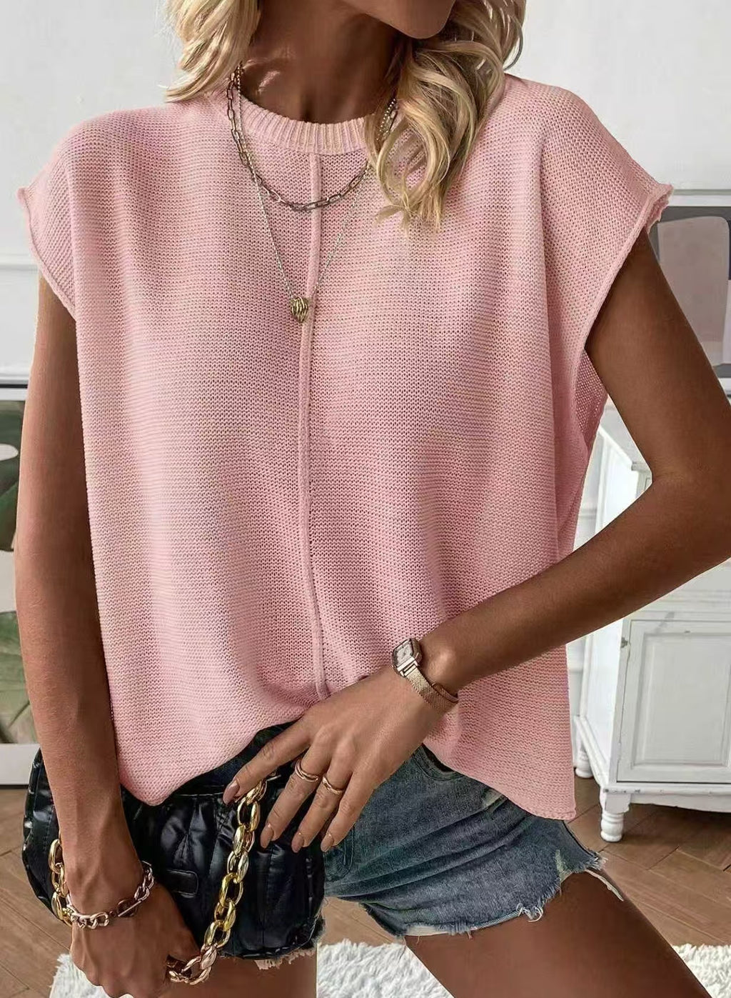 Boxy Ribbed Knit Sweater With Cap Sleeves - LightPink