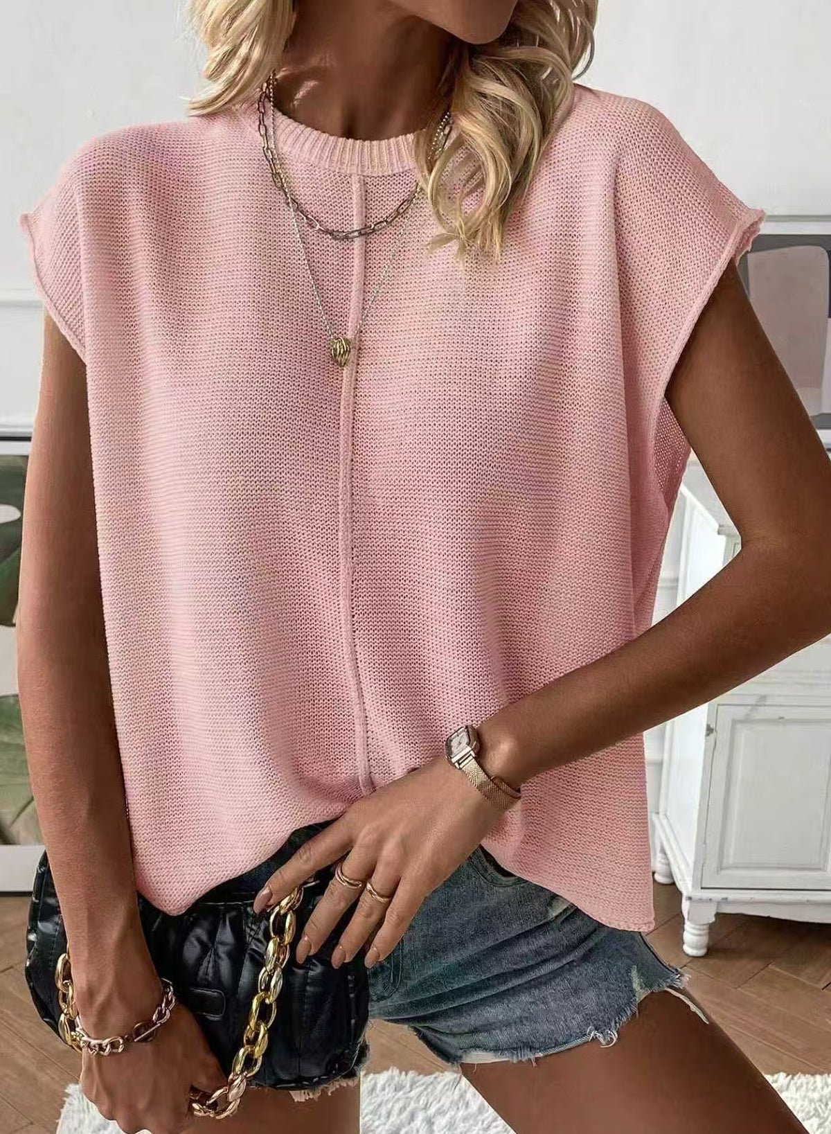 Boxy Ribbed Knit Sweater With Cap Sleeves - LightPink