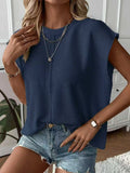 Boxy Ribbed Knit Sweater With Cap Sleeves - Navy