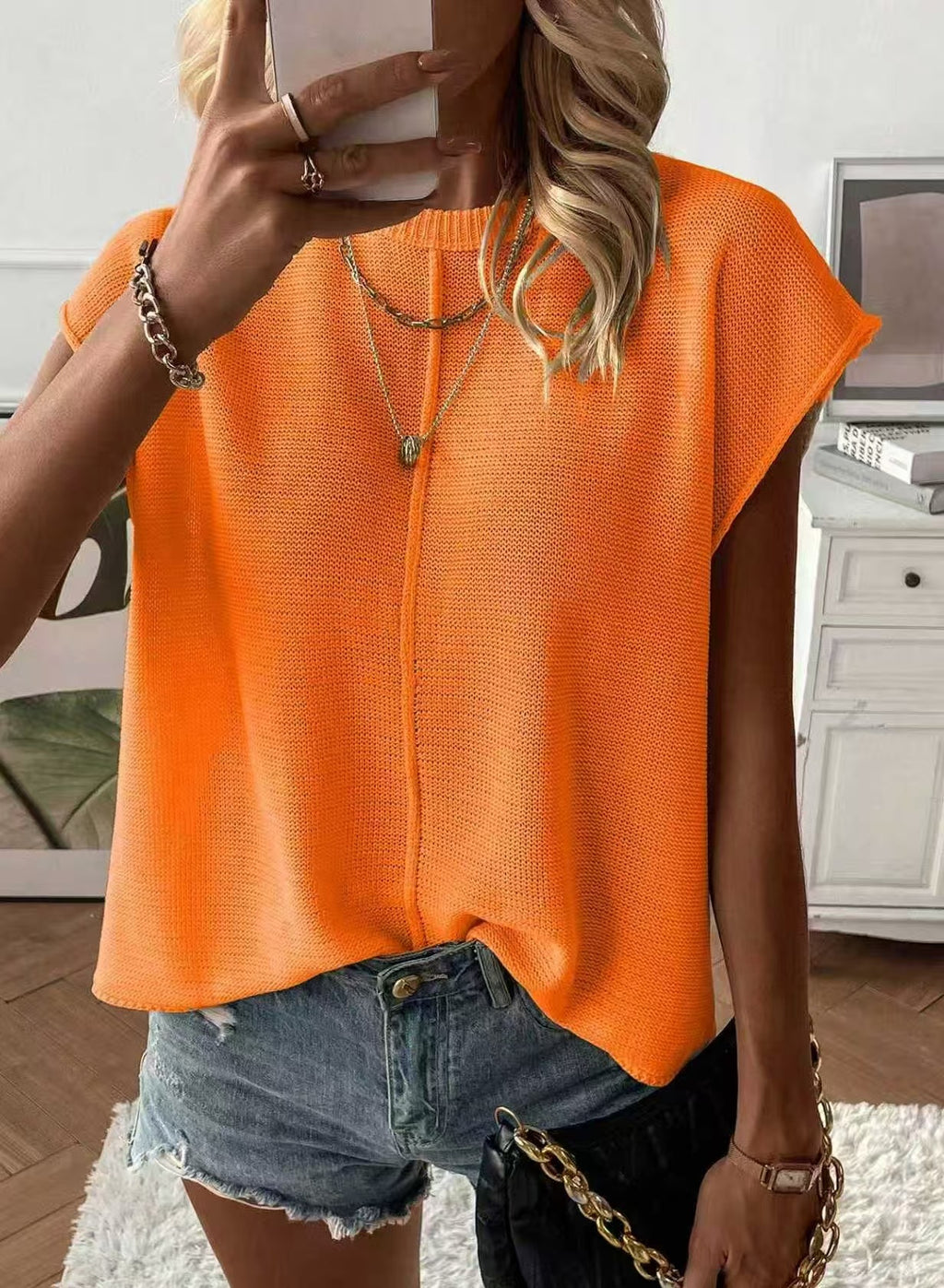 Boxy Ribbed Knit Sweater With Cap Sleeves - Orange
