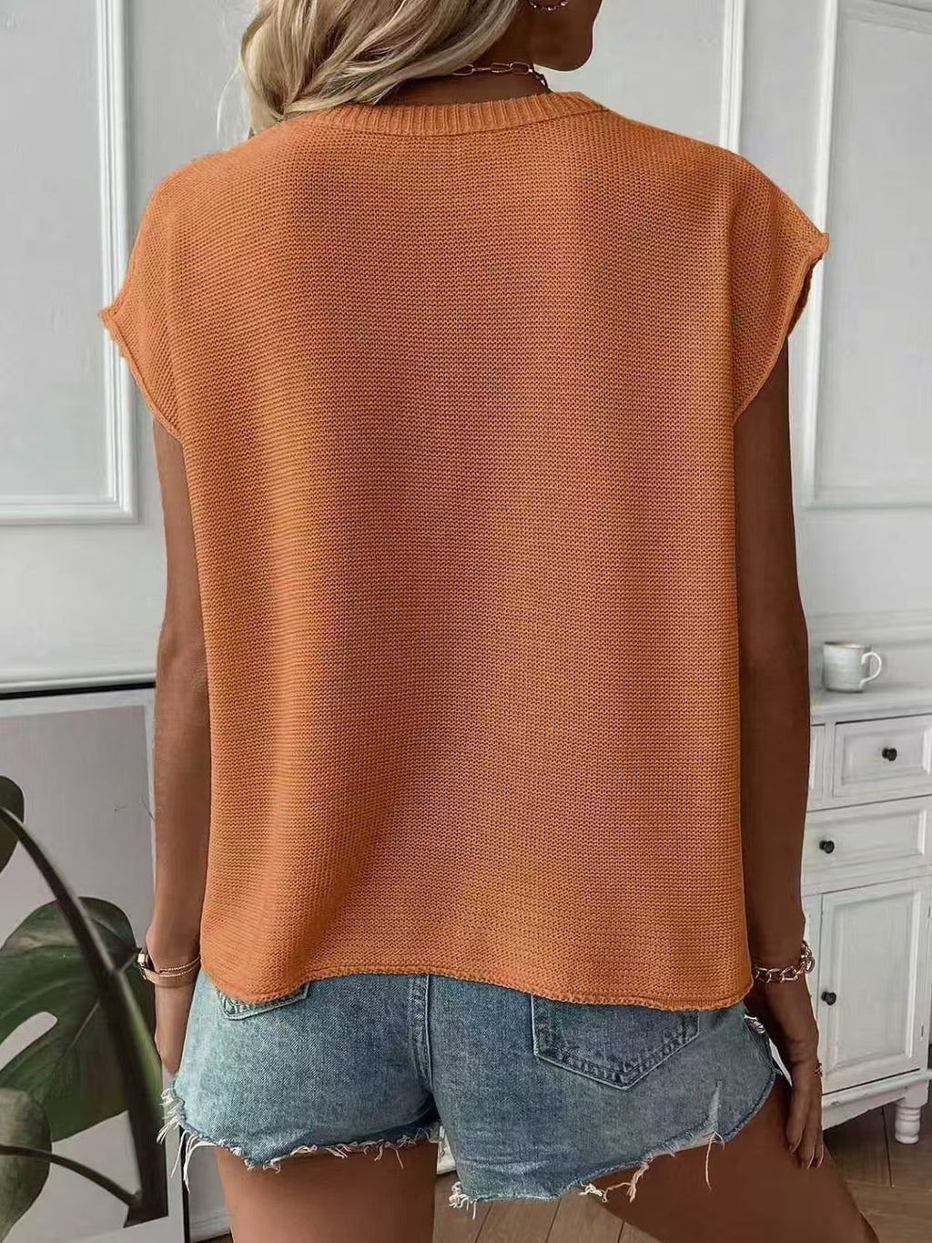 Boxy Ribbed Knit Sweater With Cap Sleeves - Orange - 1