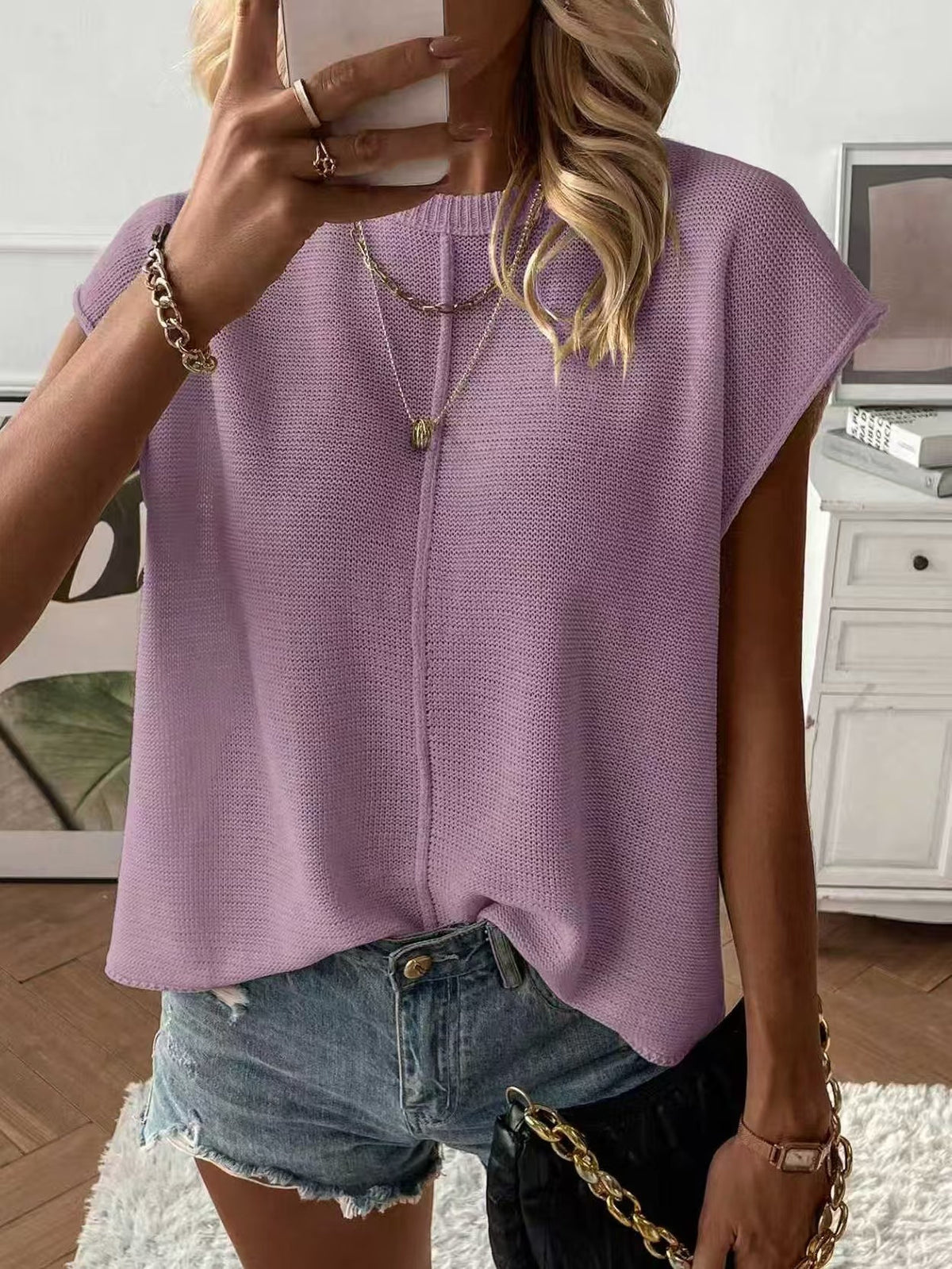 Boxy Ribbed Knit Sweater With Cap Sleeves - Violet
