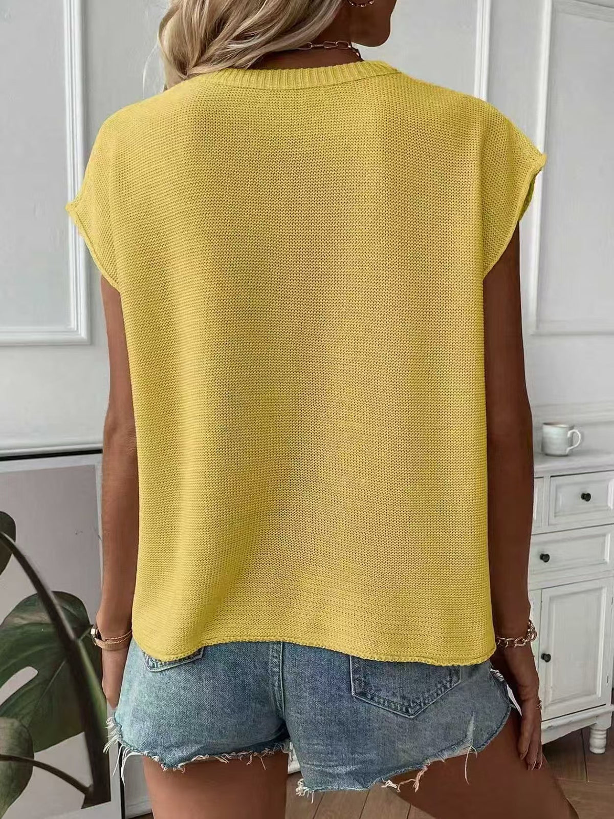 Boxy Ribbed Knit Sweater With Cap Sleeves - Yellow - 1