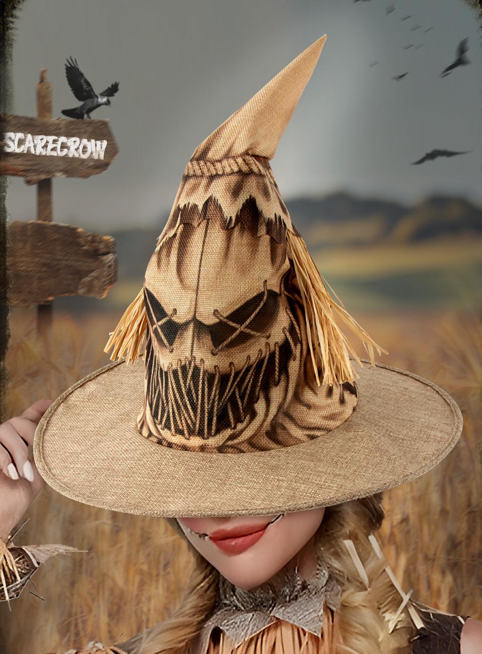 Scarecrow Burlap Pointed Halloween Hat - Khaki - 2