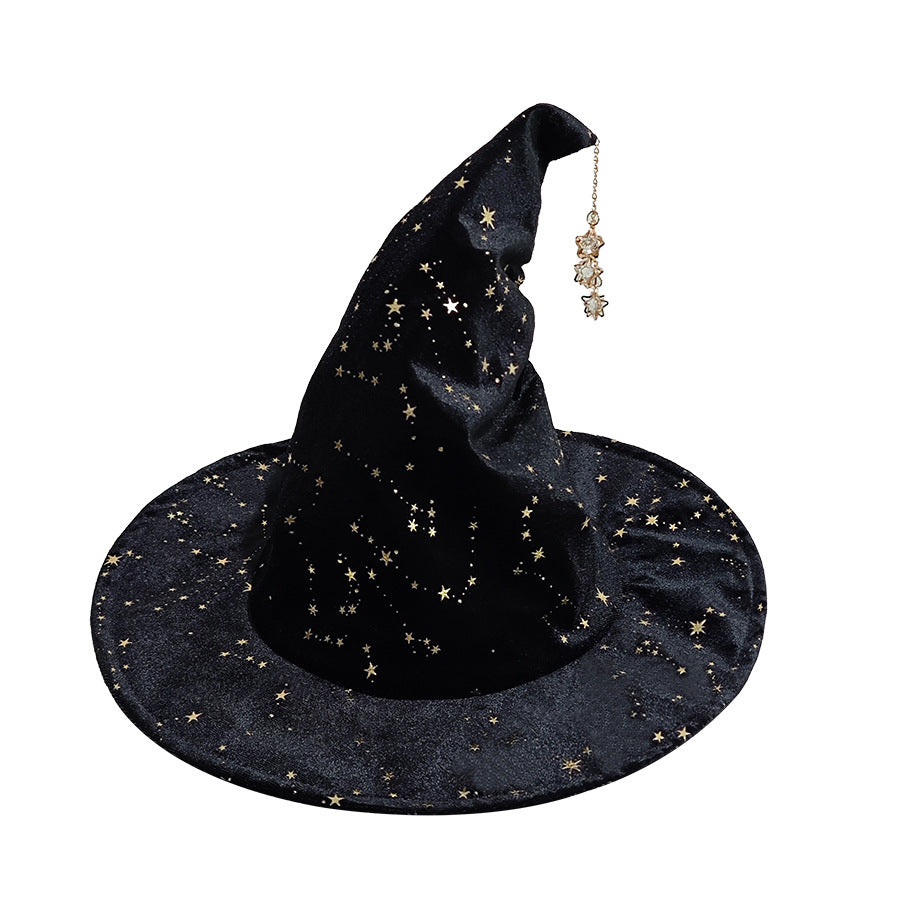 Glitter Star Velvet Witch Hat With Charm Chain - Black