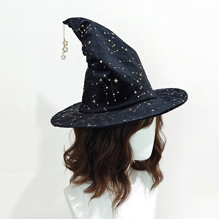Glitter Star Velvet Witch Hat With Charm Chain - Black - 1