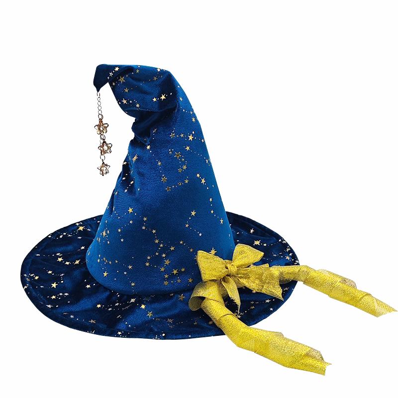 Glitter Star Velvet Witch Hat With Charm Chain - BlueBow
