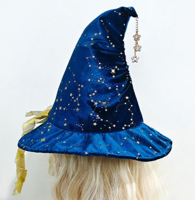 Glitter Star Velvet Witch Hat With Charm Chain - BlueBow - 2