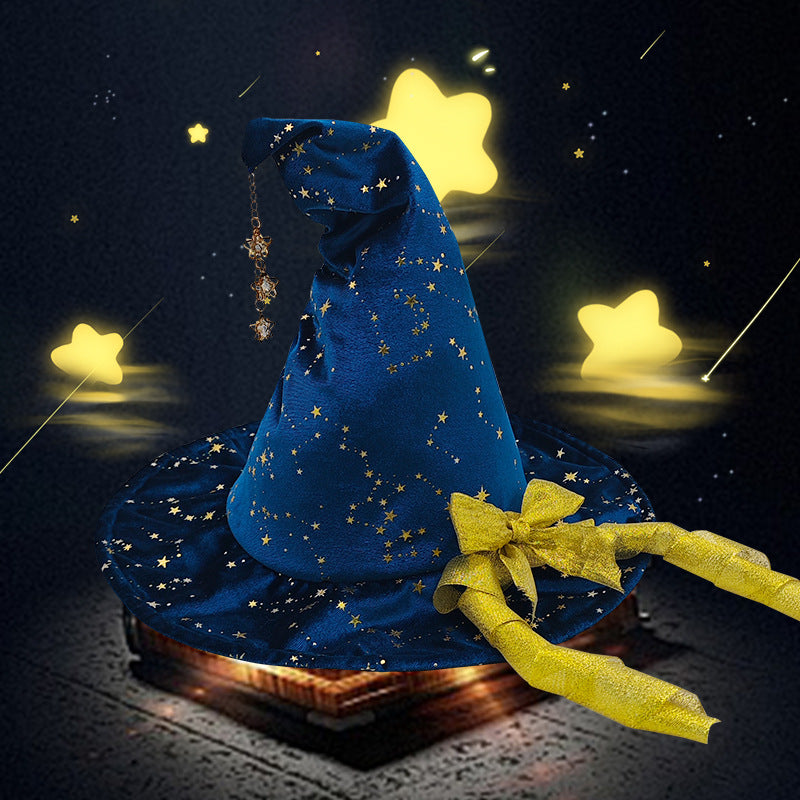 Glitter Star Velvet Witch Hat With Charm Chain - BlueBow - 5