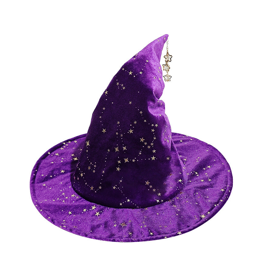 Glitter Star Velvet Witch Hat With Charm Chain - Purple