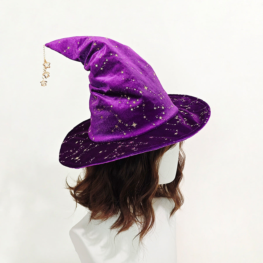 Glitter Star Velvet Witch Hat With Charm Chain - Purple - 1
