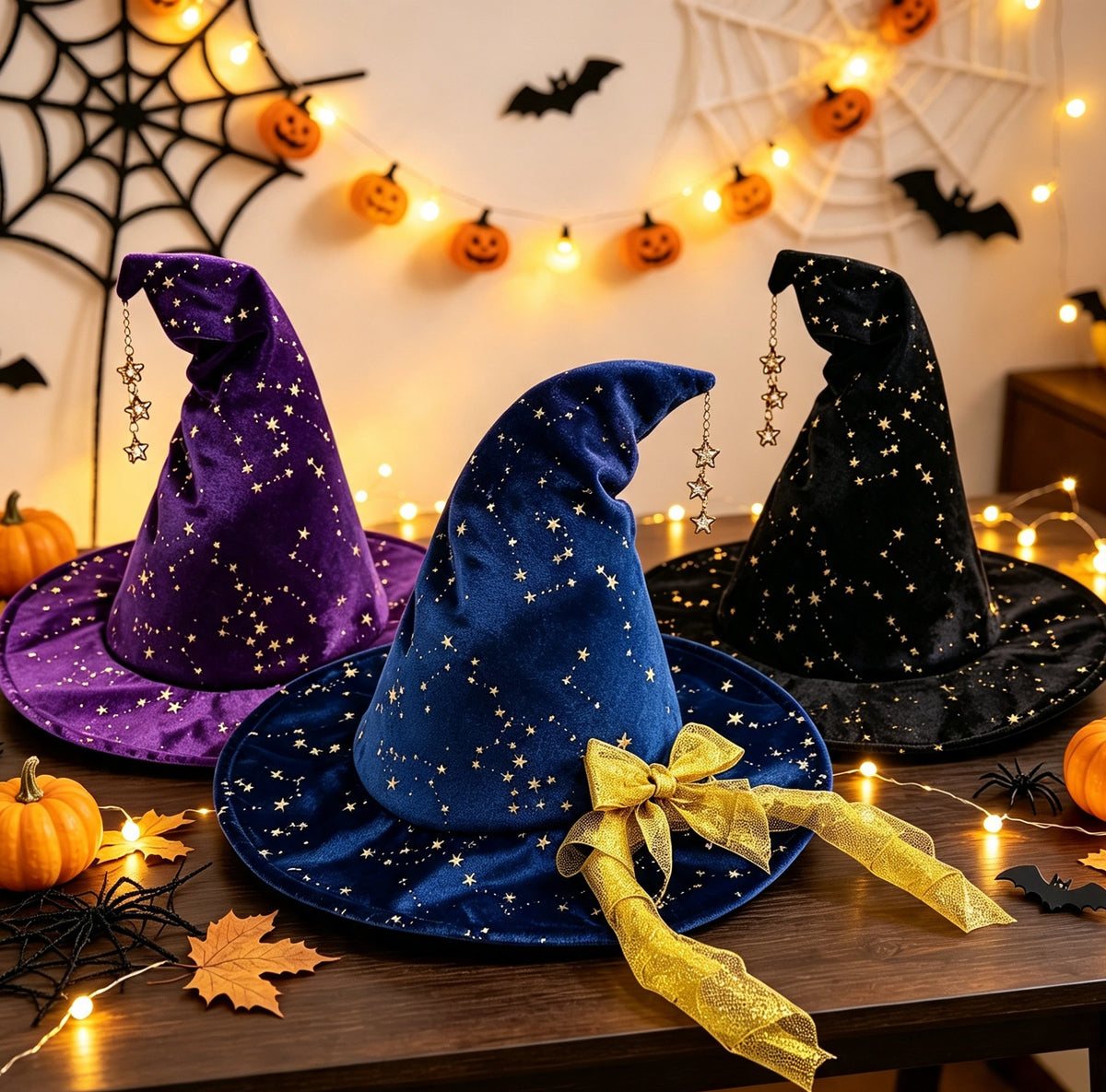 Glitter Star Velvet Witch Hat With Charm Chain