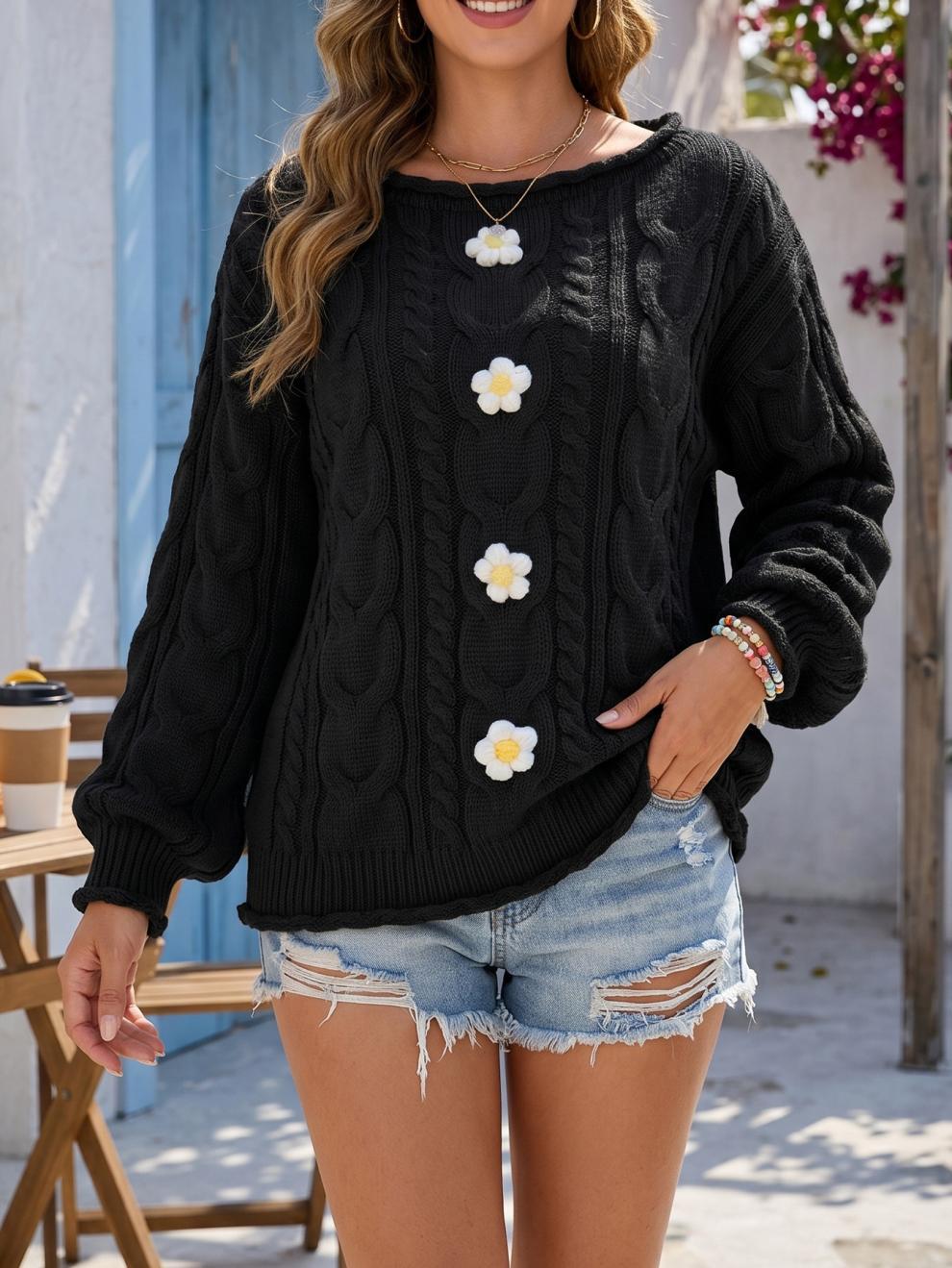 Crochet Flower Cable Knit Crew Neck Sweater - Black