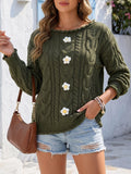 Crochet Flower Cable Knit Crew Neck Sweater - Green