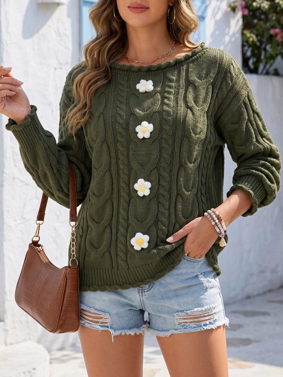 Crochet Flower Cable Knit Crew Neck Sweater - Green
