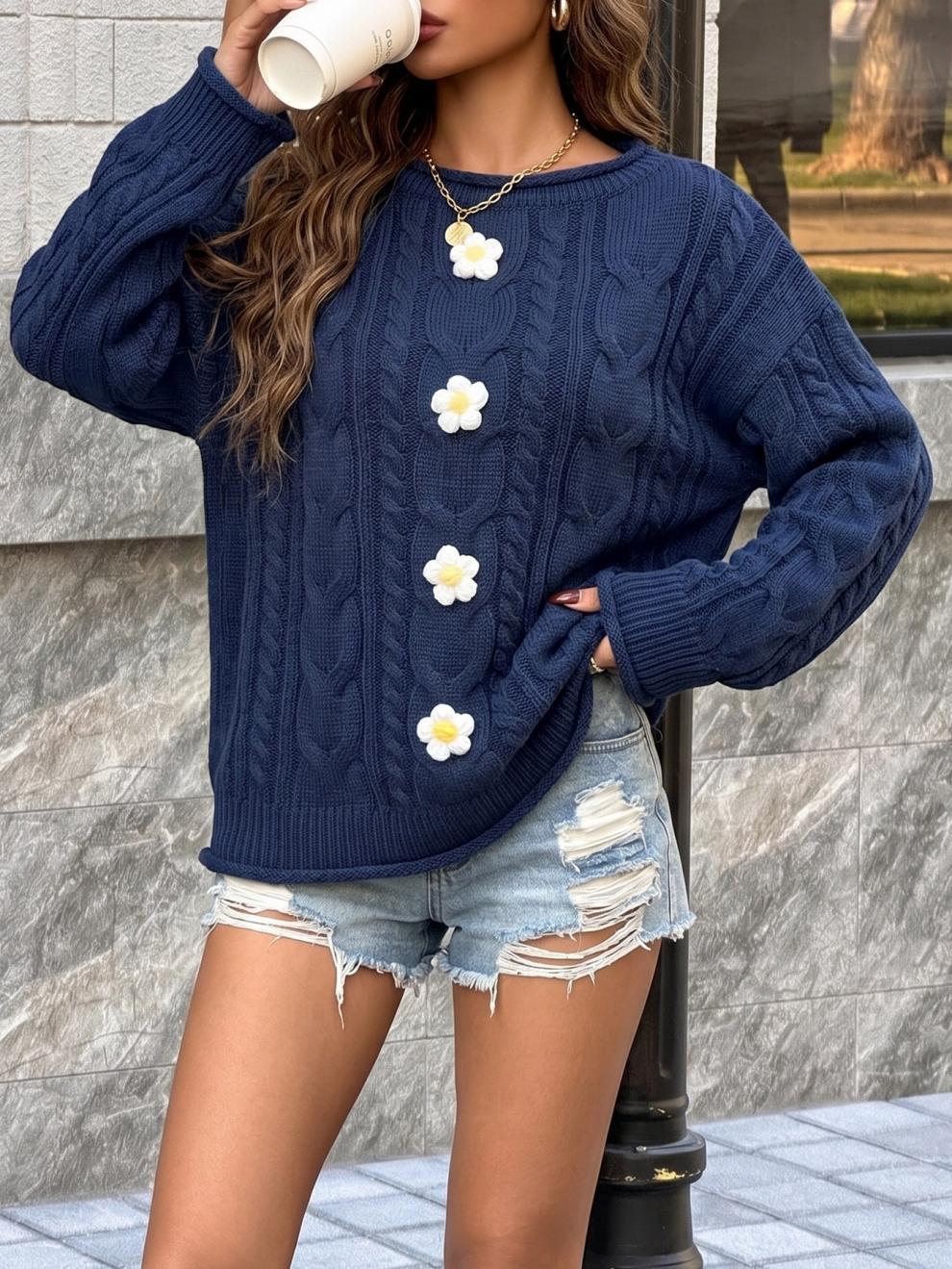 Crochet Flower Cable Knit Crew Neck Sweater - Navyblue - 1