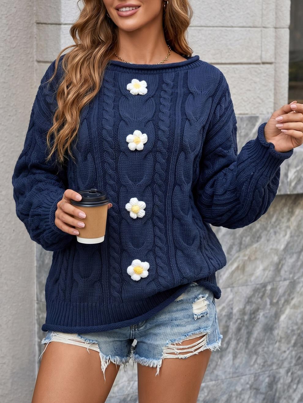 Crochet Flower Cable Knit Crew Neck Sweater - Navyblue - 2