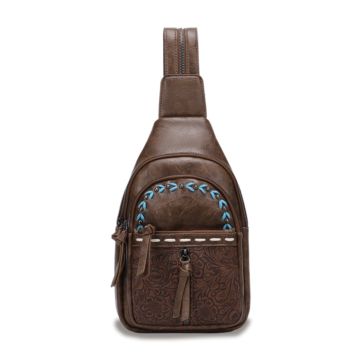 Western Tooled Convertible Sling Backpack - Coffee