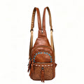 Western Tooled Convertible Sling Backpack - Cognac