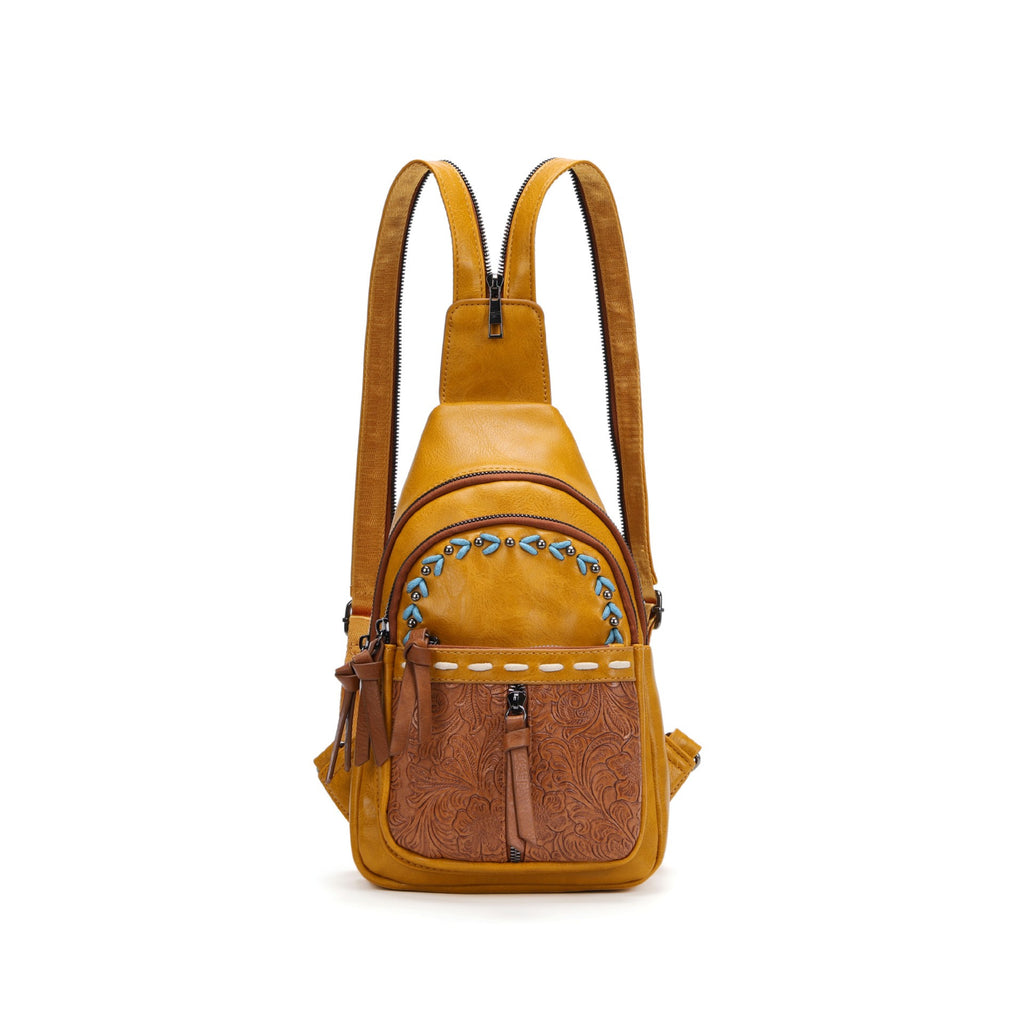 Western Tooled Convertible Sling Backpack - Mustard