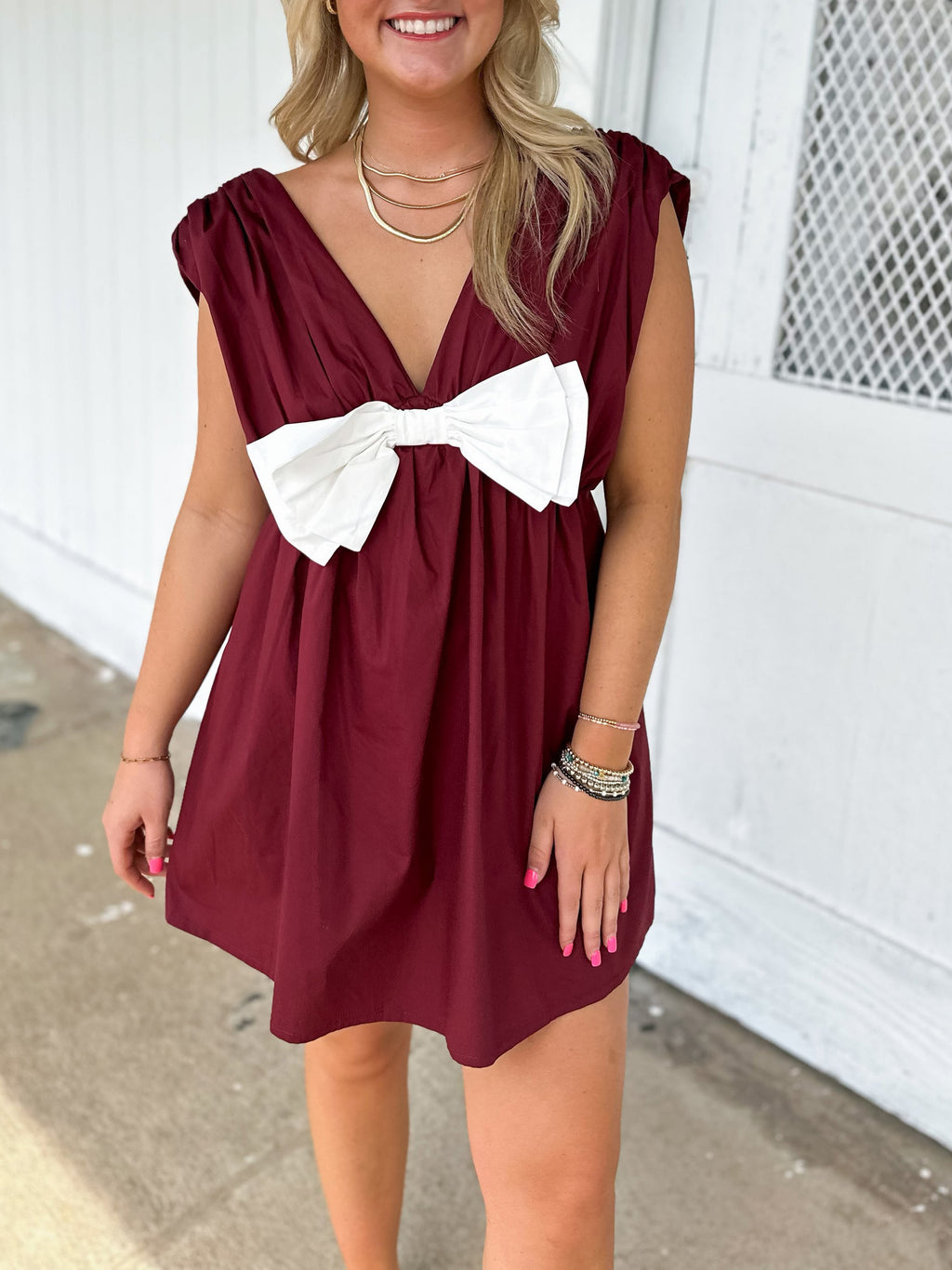 Oversized Bow Babydoll Mini Dress - WineRed