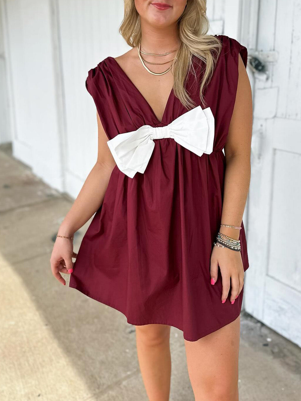 Oversized Bow Babydoll Mini Dress - WineRed - 1