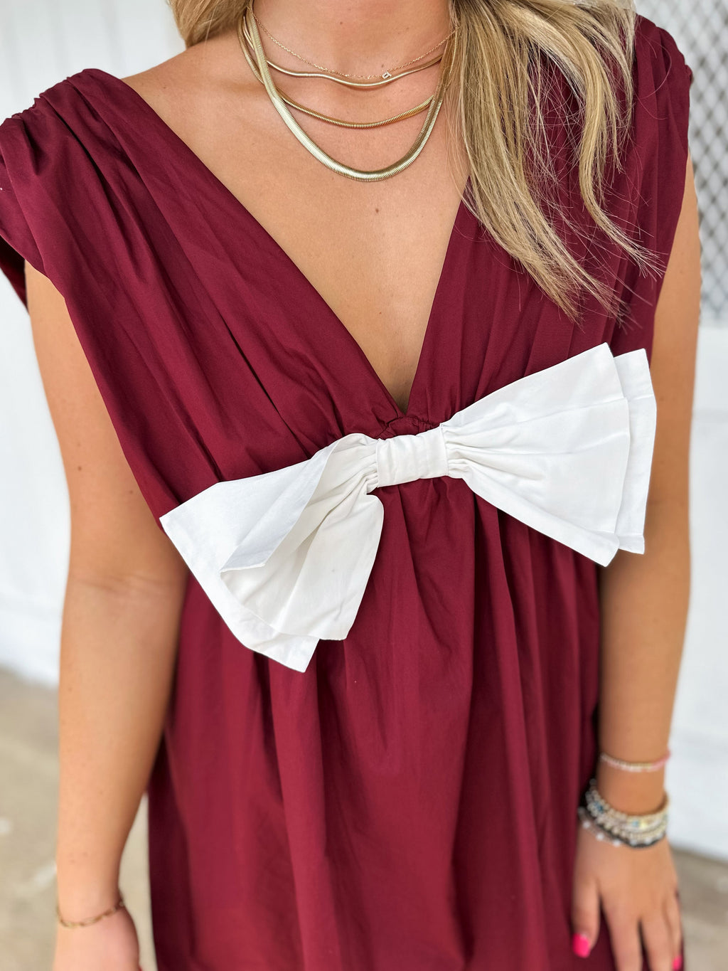 Oversized Bow Babydoll Mini Dress - WineRed - 2