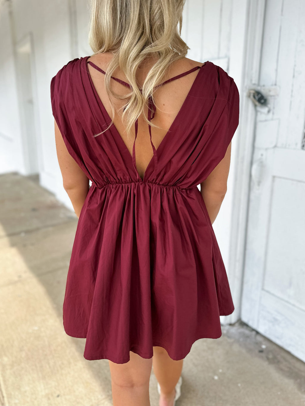 Oversized Bow Babydoll Mini Dress - WineRed - 3
