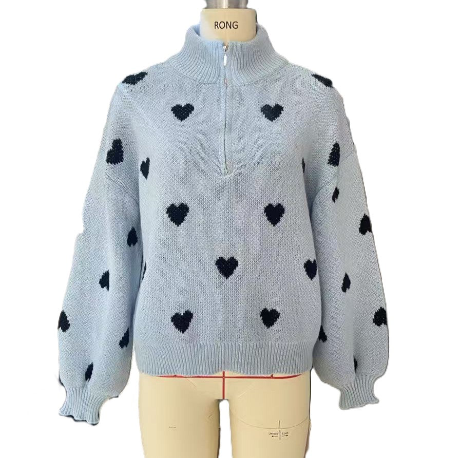 Heart Pattern Quarter Zip Mock Neck Knit Sweater - Blue