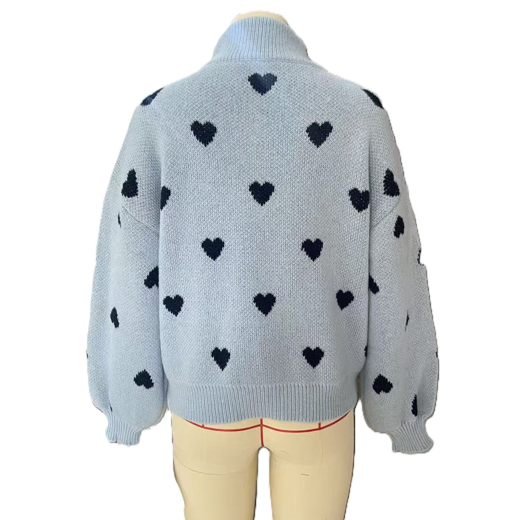 Heart Pattern Quarter Zip Mock Neck Knit Sweater - Blue - 1