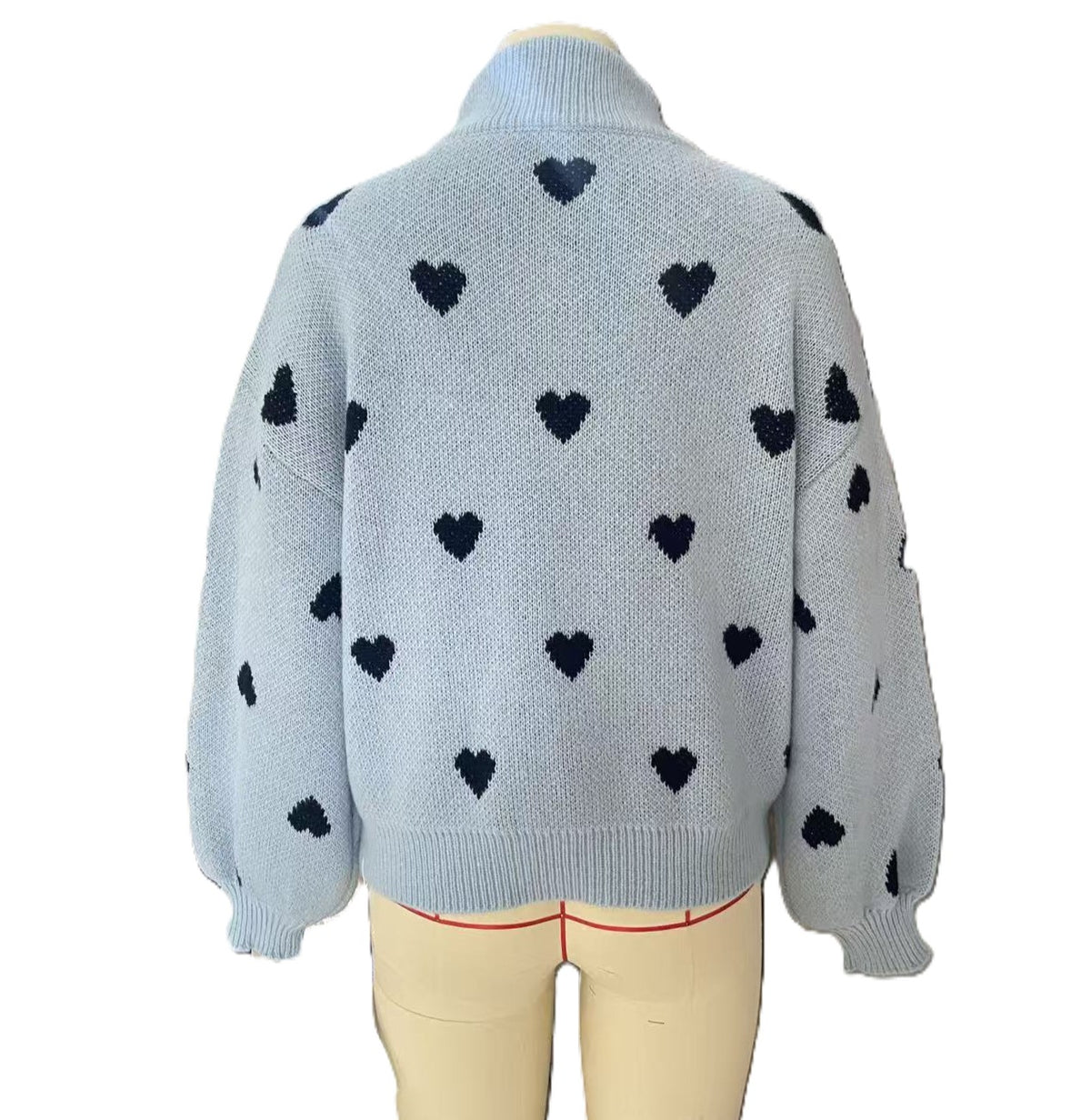 Heart Pattern Quarter Zip Mock Neck Knit Sweater - Blue - 1