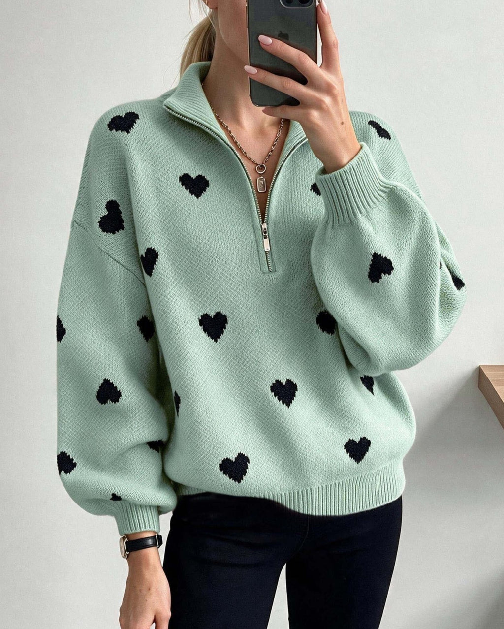 Heart Pattern Quarter Zip Mock Neck Knit Sweater - Green