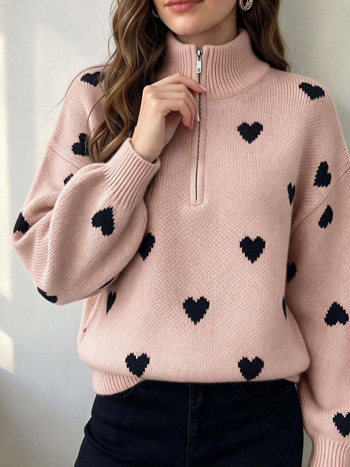 Heart Pattern Quarter Zip Mock Neck Knit Sweater - Pink