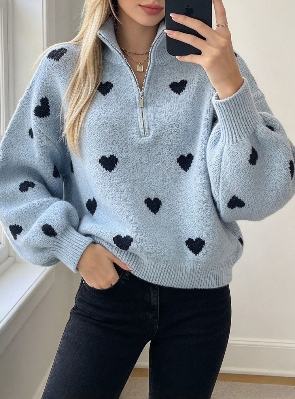 Heart Pattern Quarter Zip Mock Neck Knit Sweater