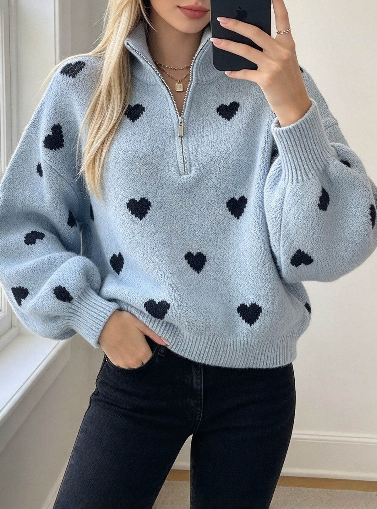 Heart Pattern Quarter Zip Mock Neck Knit Sweater