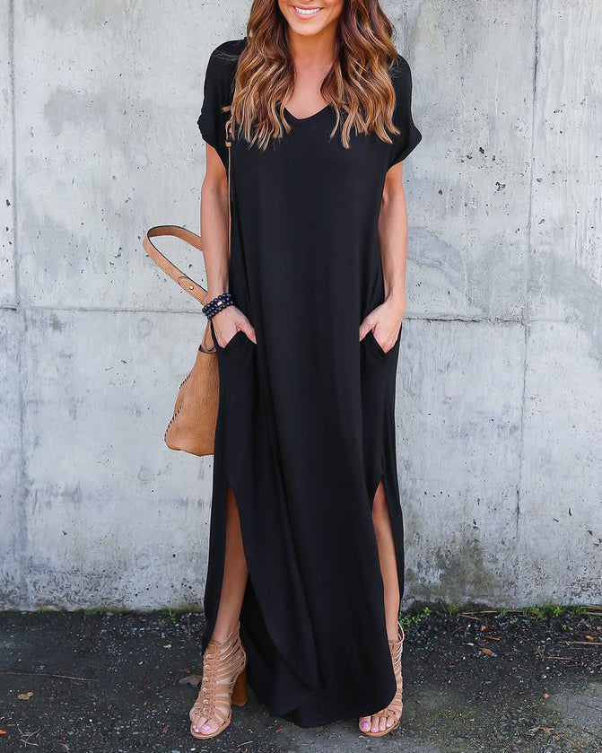 V Neck Short Sleeve Split Maxi Shift Dress - black