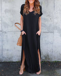V Neck Short Sleeve Split Maxi Shift Dress - black