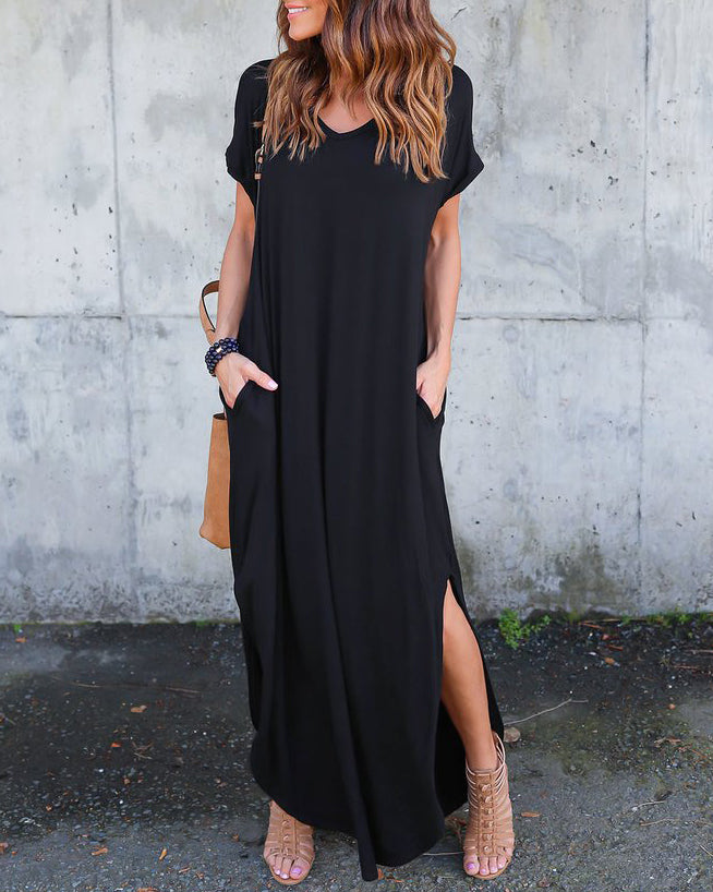 V Neck Short Sleeve Split Maxi Shift Dress