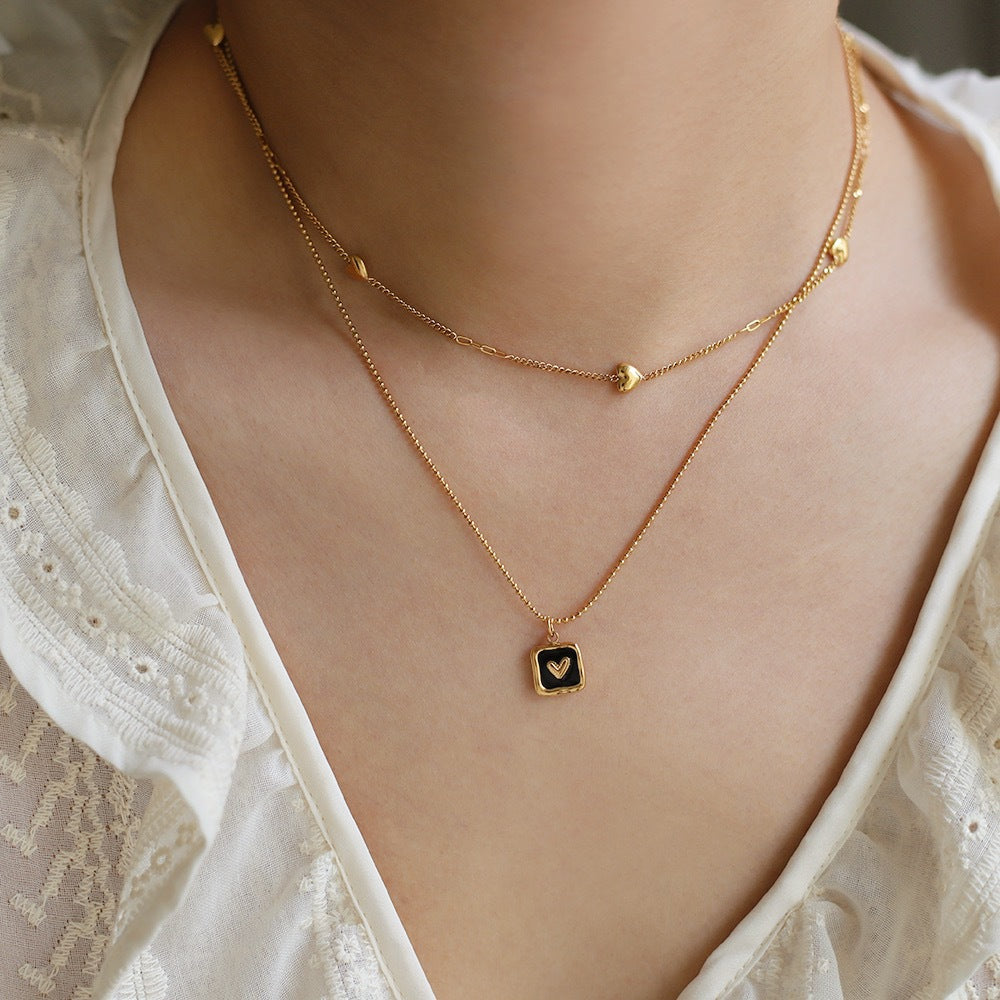 Enamel Heart Square Pendant Necklace - Black - 3