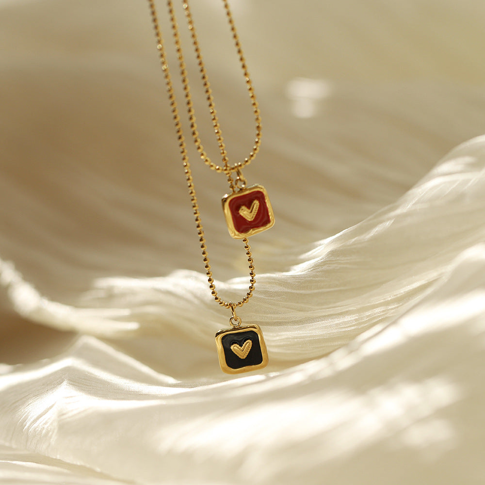 Enamel Heart Square Pendant Necklace - Black - 4
