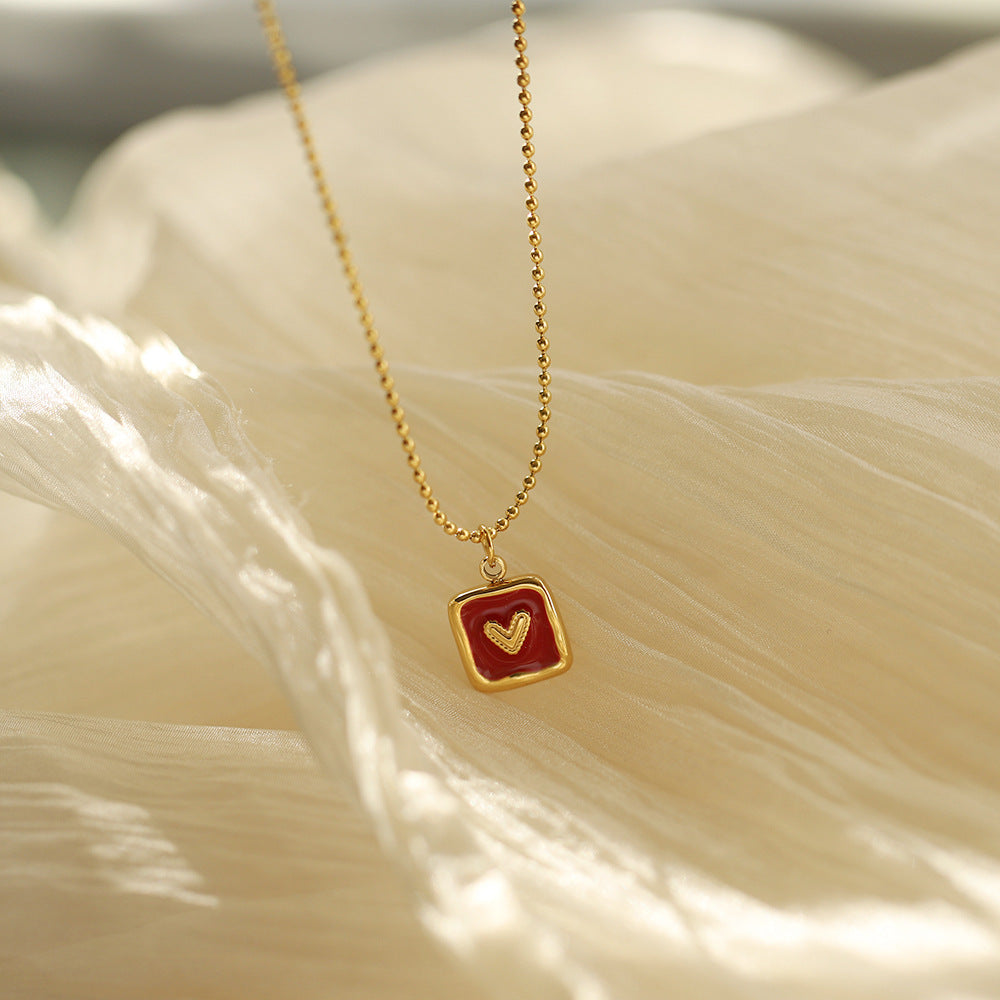 Enamel Heart Square Pendant Necklace - Red