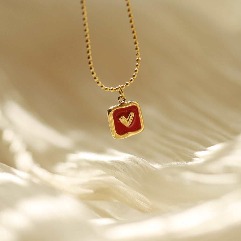 Enamel Heart Square Pendant Necklace - Red - 1