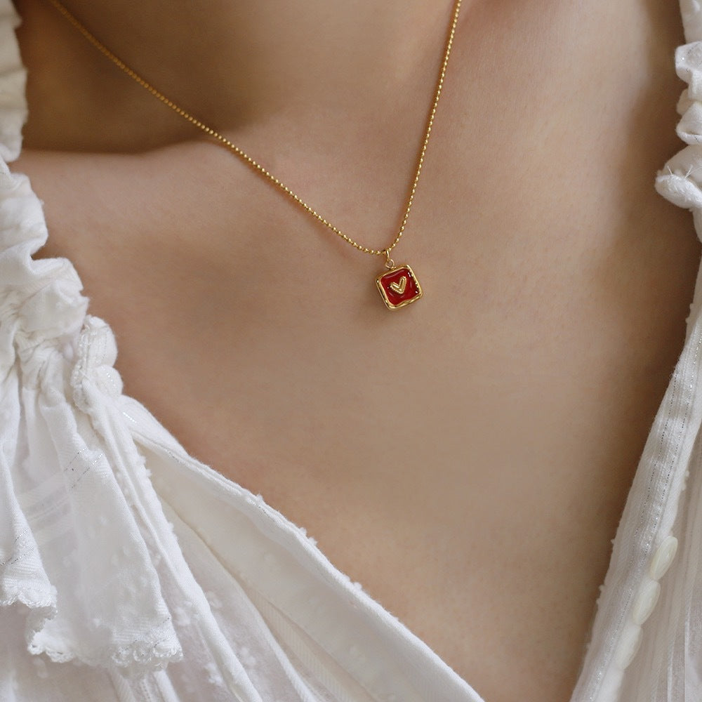 Enamel Heart Square Pendant Necklace - Red - 2