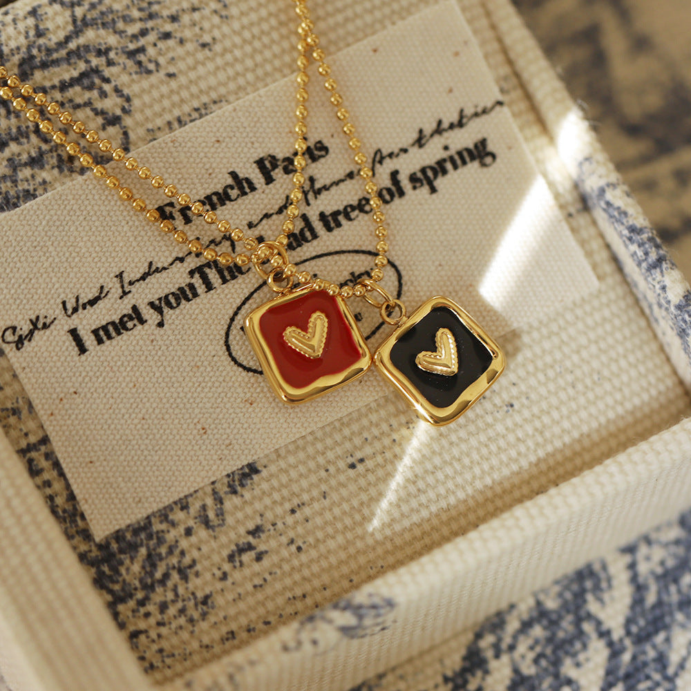 Enamel Heart Square Pendant Necklace - Red - 4