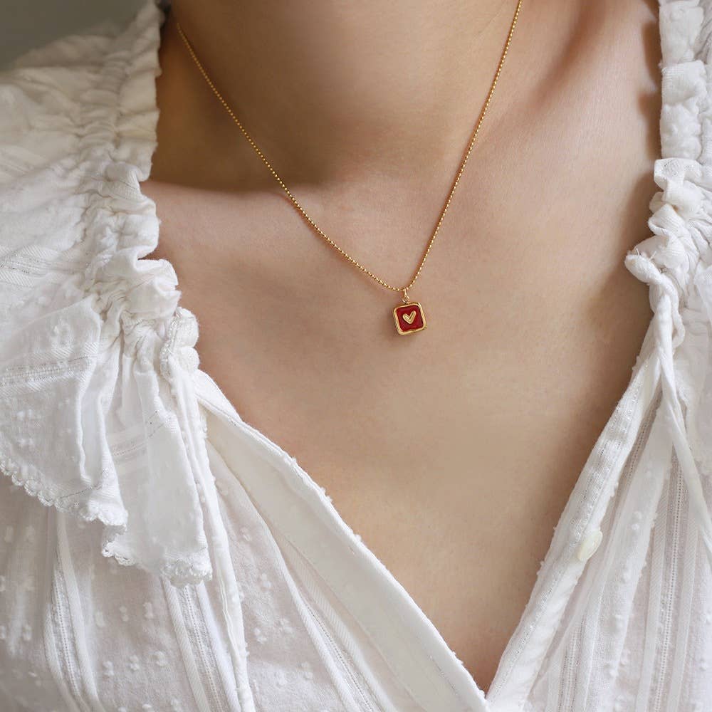 Enamel Heart Square Pendant Necklace