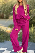 Waffle Knit Slouchy Top And Pants Set - Fuchsia