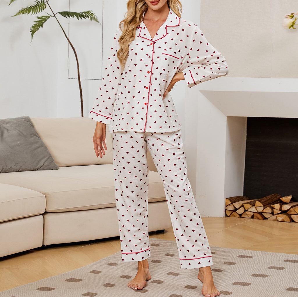 Heart Print Piped Long Pajama Set - White