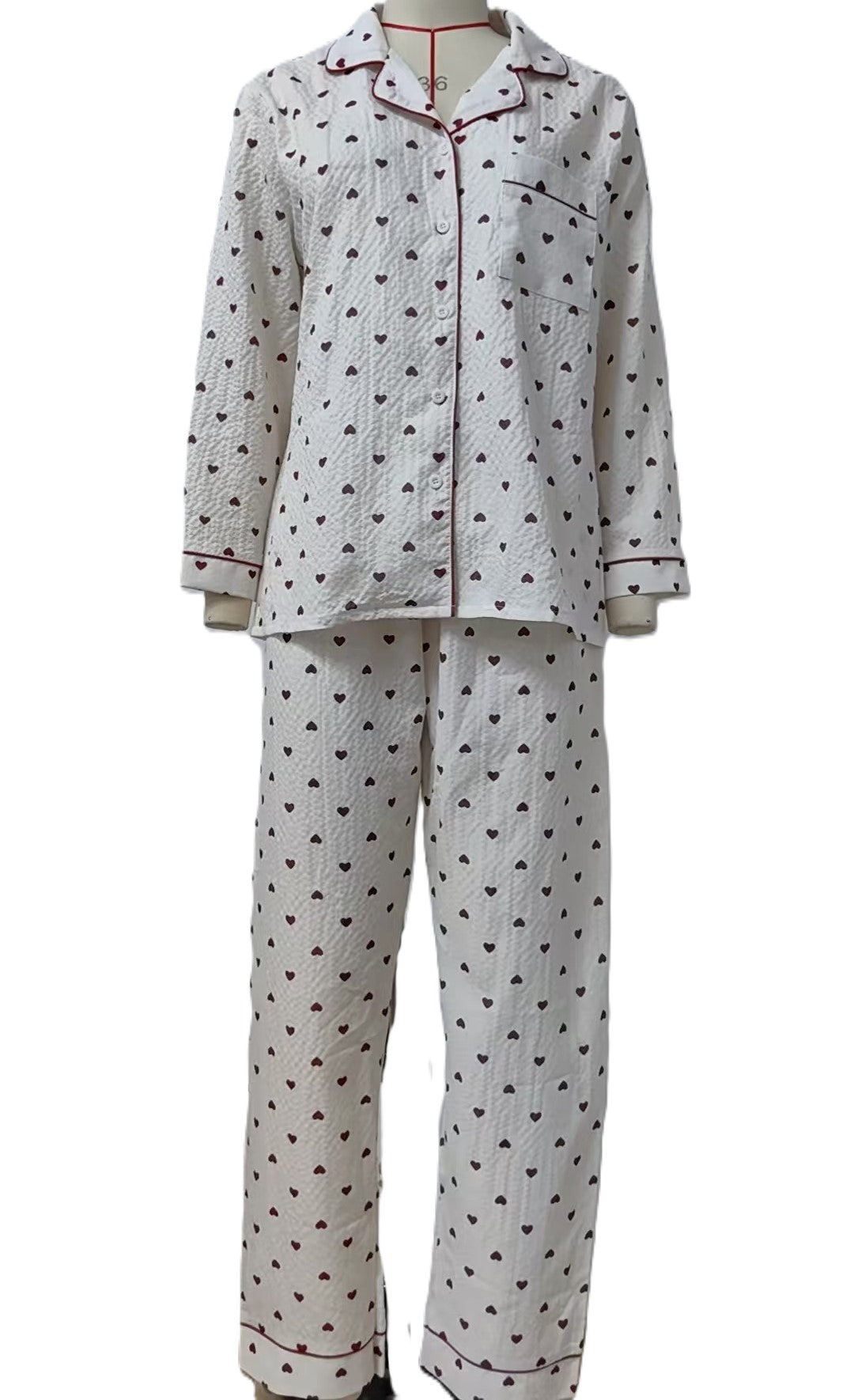 Heart Print Piped Long Pajama Set - White - 1